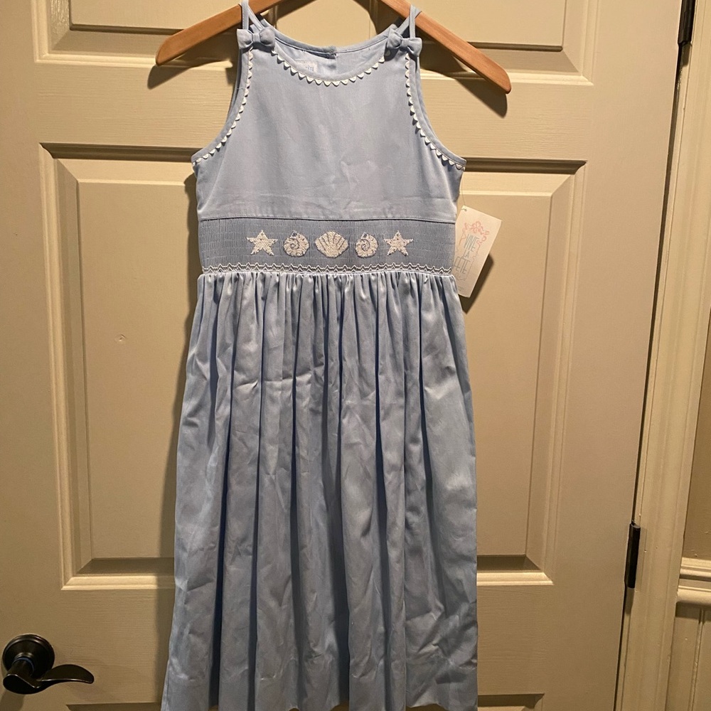 Nwt Vive La Fête BlueDress Smocked Sea Shells Buttons and tie on back (e3)